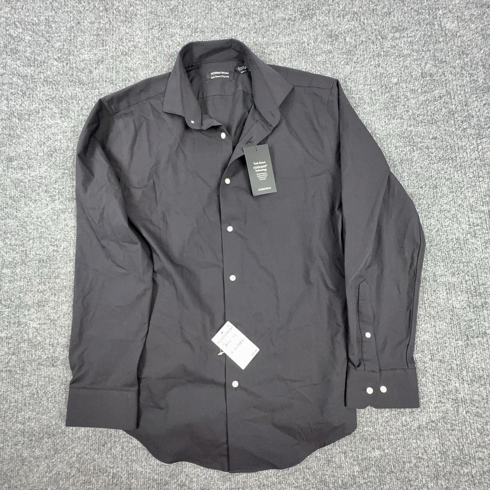 Nordstrom Mens Dress Shirt 15 32/33 Black Tech-Smart Stretch Coolmax NO429371MN